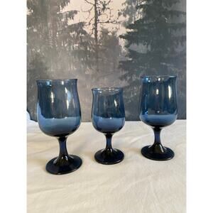 VINTAGE SET OF 3 Blue Ombre Fade Stemmed Glass Goblets Wine Water Tulip MCM 7"